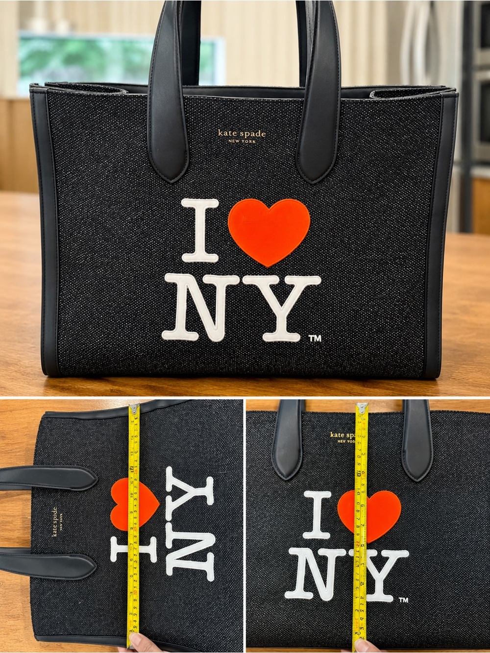 kate spade black tote with white I ♥ NY graphic and red heart